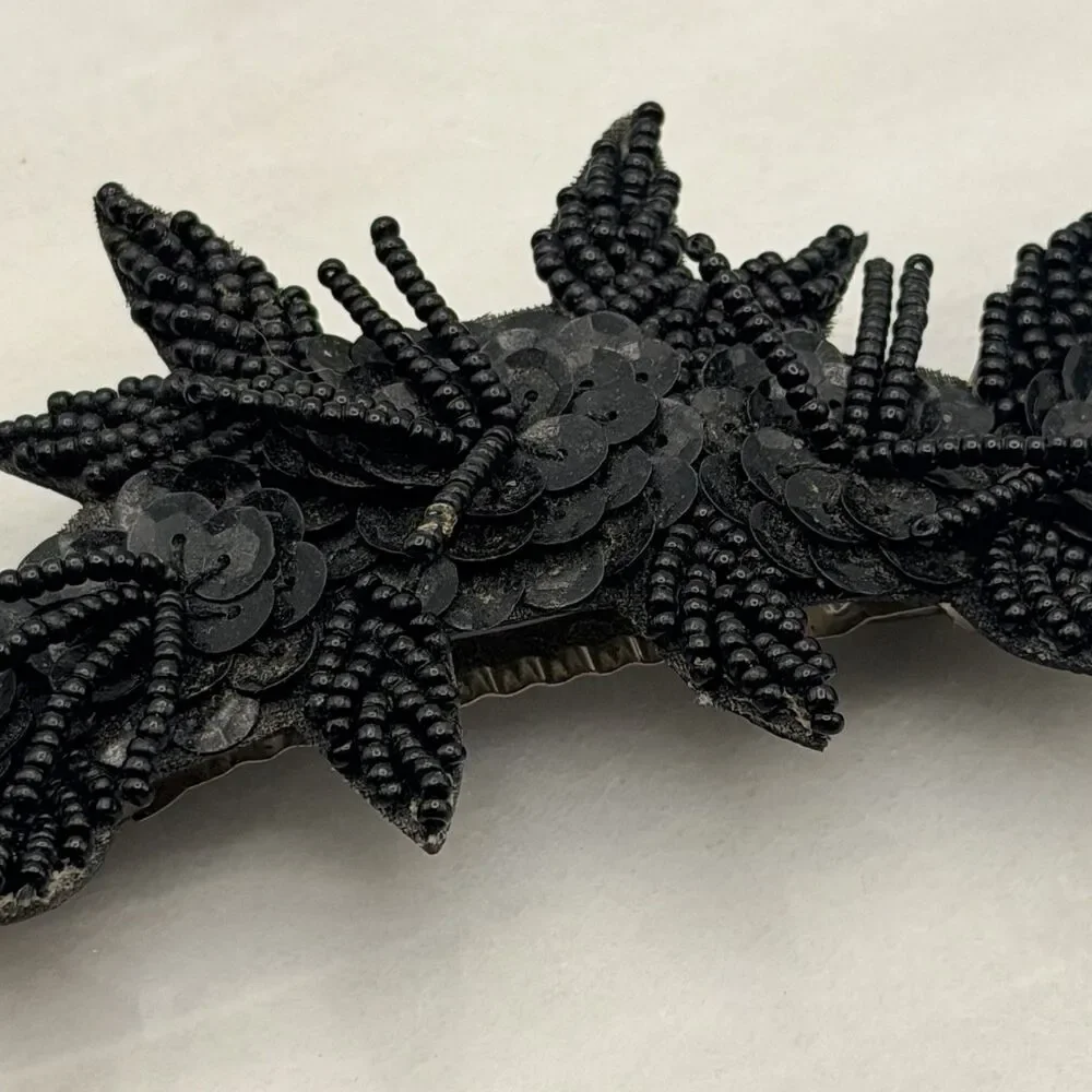 Vintage Black Beaded Sequin Hair Barrette Large 6